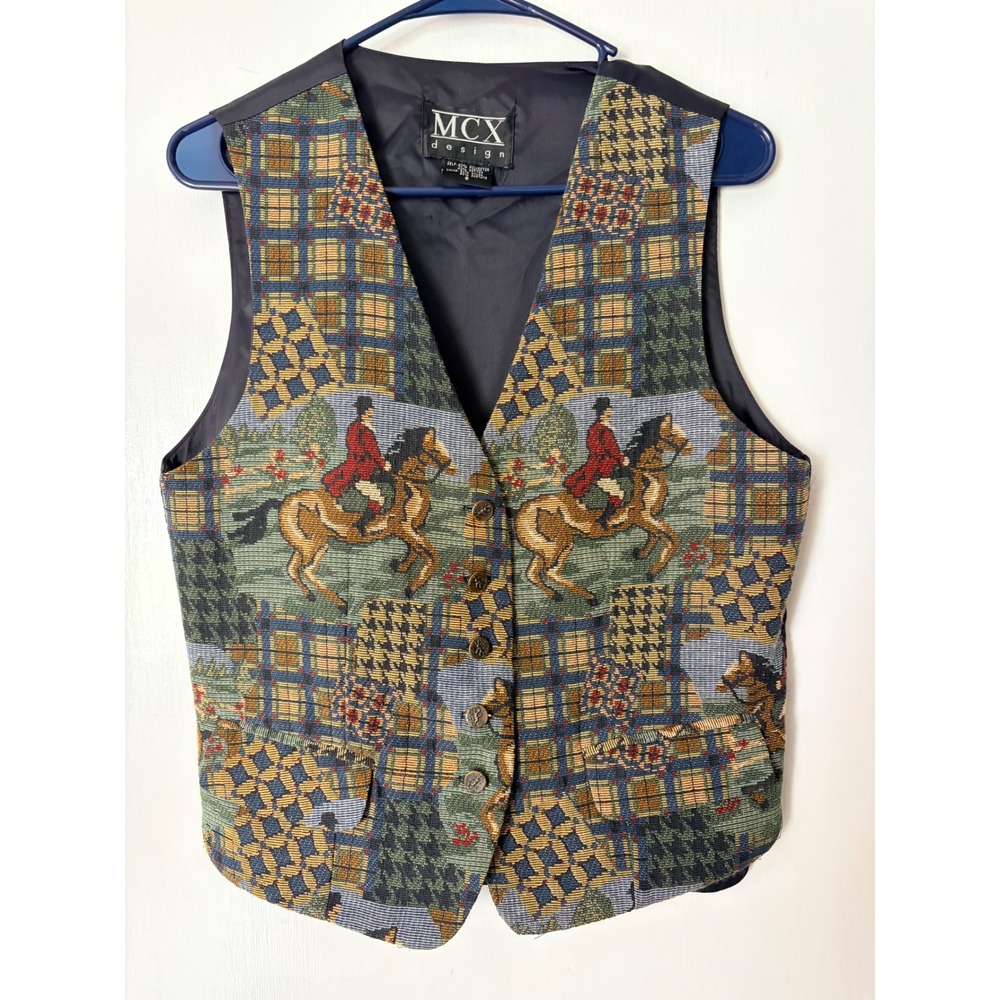 MCX Design Vintage Equestrian Tapestry Vest Womens Small Horse Patchwork Plaid